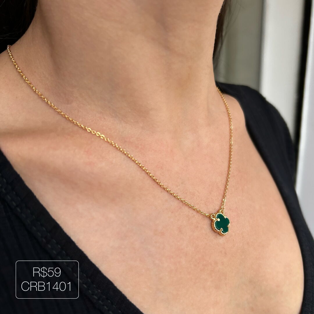 Colar V@n Cleef c/ 1 Pingente P Verde Dourado